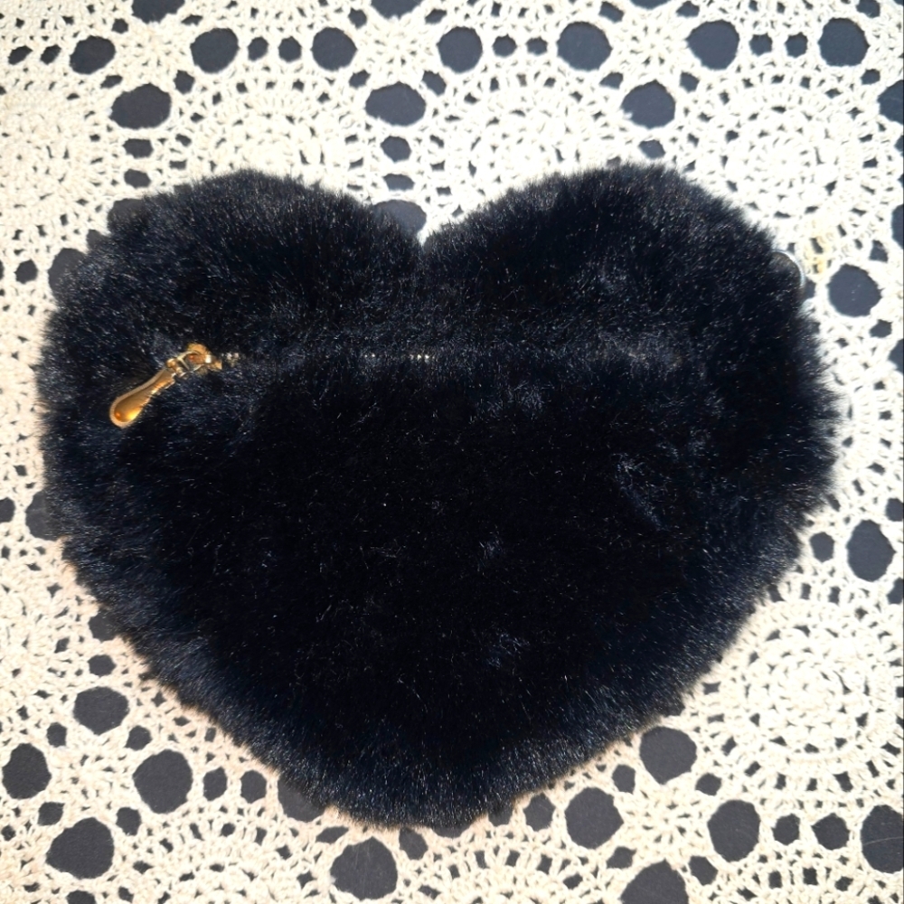 Black Heart-Shaped Furry Pouch